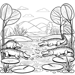 Spaßige Krokodile am glitzernden Teich Ausmalvorlage für abenteuerliche Tierforscher