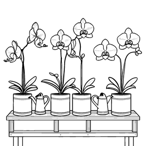 Bezaubernde Orchideen in stilvollen Töpfen Ausmalvorlage für neugierige Gartenfreunde