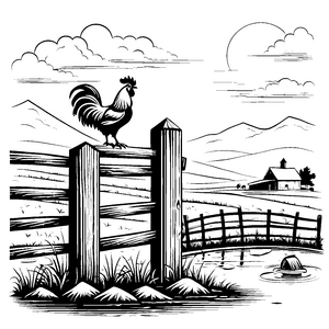 Kreativer Hahn auf dem gemütlichen Zaun Ausmalvorlage für abenteuerlustige Naturfreunde