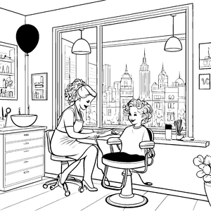 Fröhlicher Friseursalon mit buntem Ballon Ausmalmotiv für kreative Hairstylisten