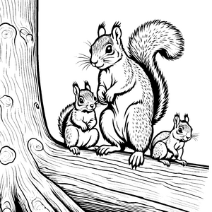 Flauschige Eichhörnchen Babys auf der Baumstamm-Oase Ausmalbild für kleine Naturfreunde