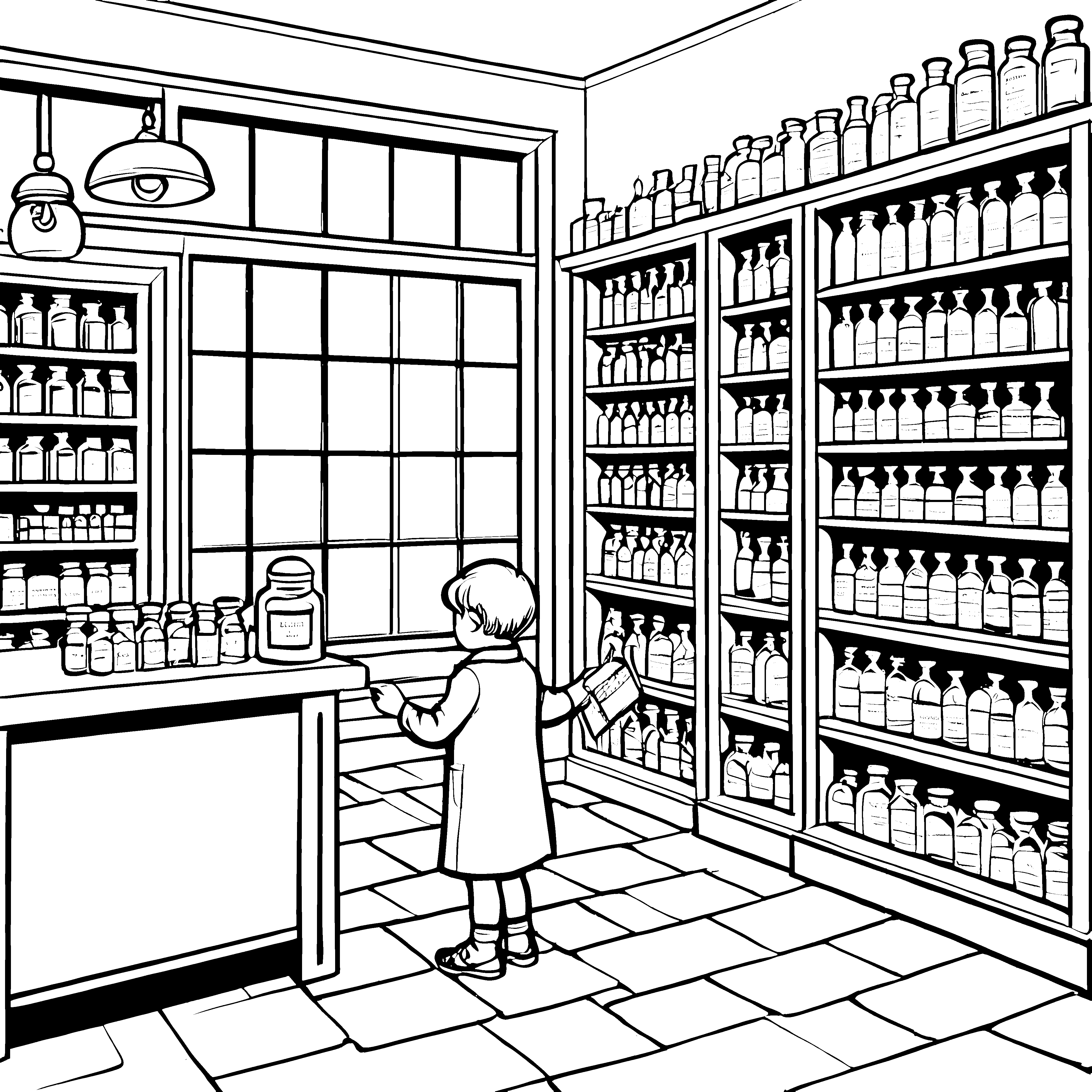 Kreatives Kind im bunten Apothekenregal Ausmalbild für neugierige Entdecker