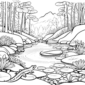 Lebhafte Salamander am plätschernden Bach Ausmalbild für kleine Naturforscher