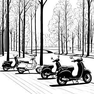 Dynamische Mopeds fahren durch einen zauberhaften Park Ausmalbild für kleine Entdecker
