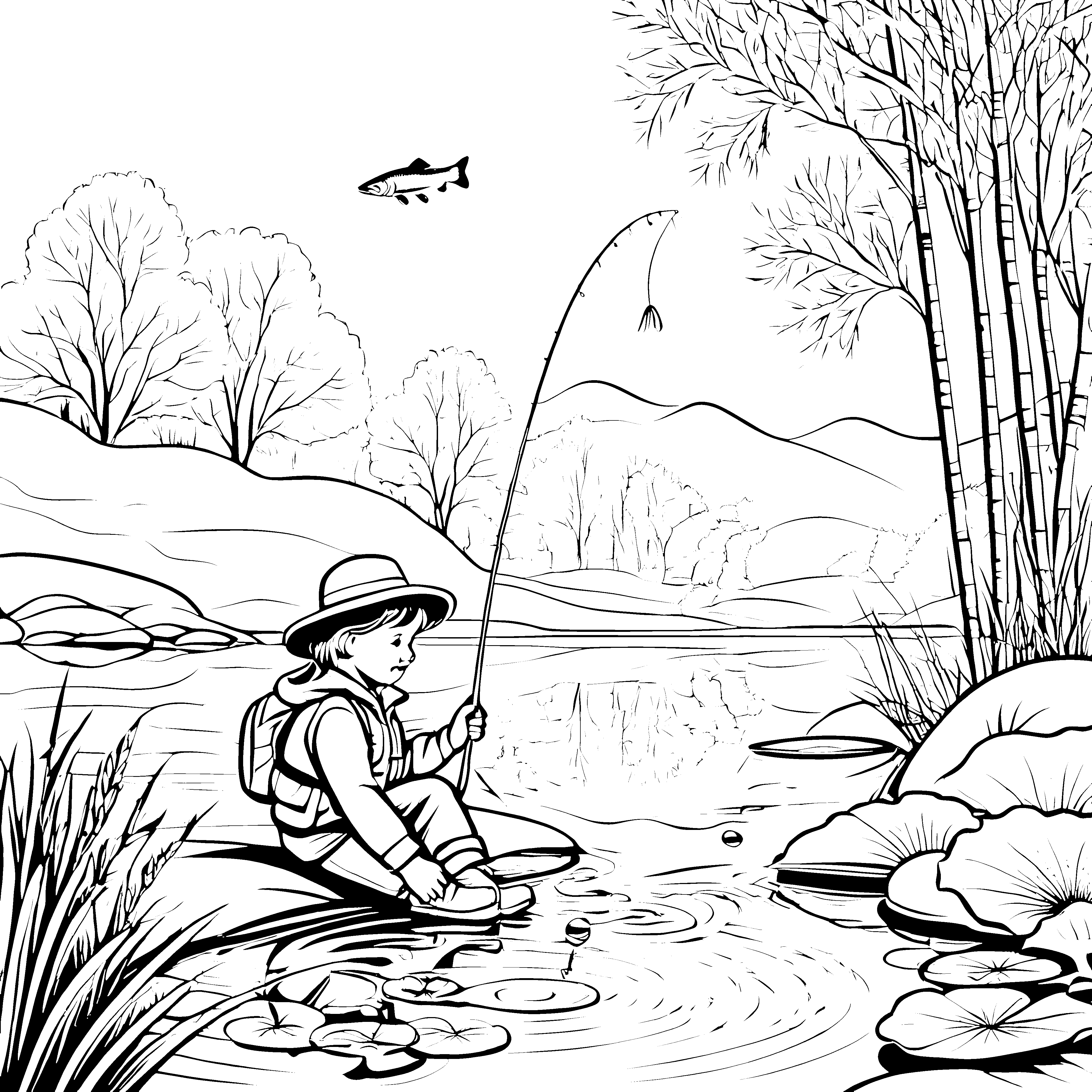 Junge beim Angeln am idyllischen See Malvorlage für kleine Naturfreunde