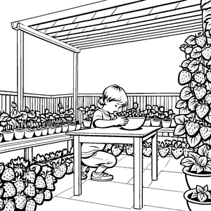 Erdbeeren pflücken im bunten Garten Ausmalvorlage für kleine Naturfreunde