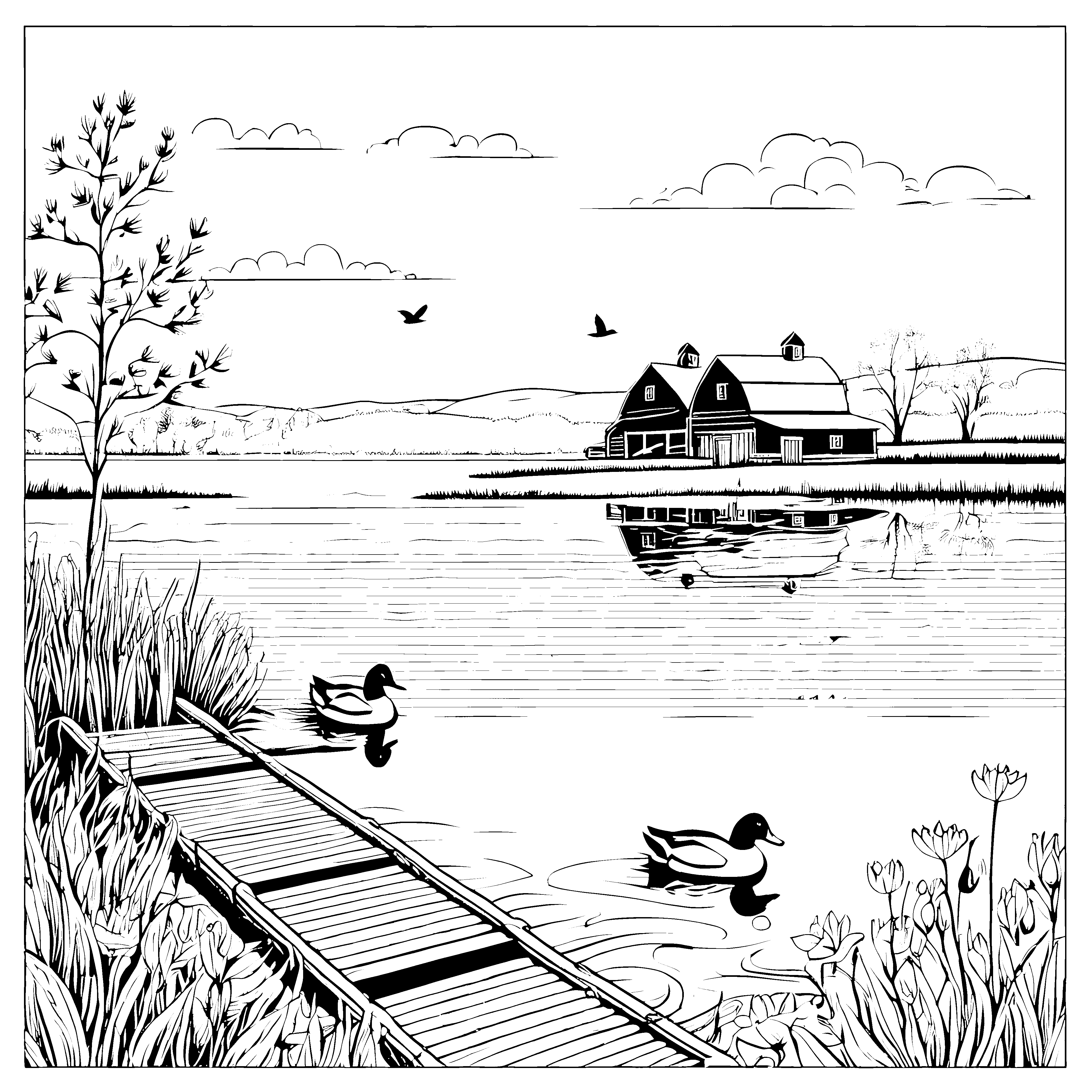 Charmante Enten am ruhigen See Ausmalvorlage für kleine Naturentdecker