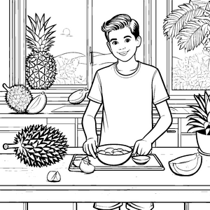 Fruchtiger Durian-Genuss im Küchenabenteuer Ausmalmotiv für junge Entdecker