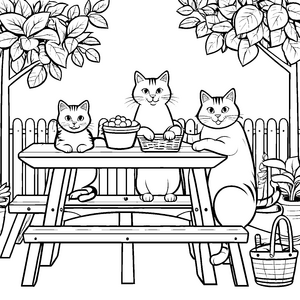 Spaßige Schmusekatzen am fröhlichen Picknicktisch Ausmalvorlage für liebevolle Tierfreunde
