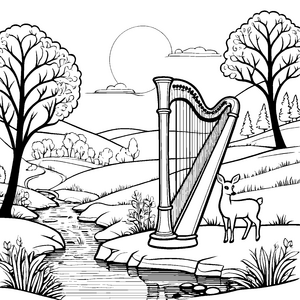 Magische Harfe am glitzernden Fluss Ausmalbild für kleine Musikzauberer