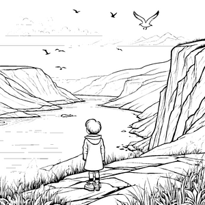 Atemberaubende Klippenlandschaft mit neugierigem Jungen Ausmalbild für kleine Entdecker