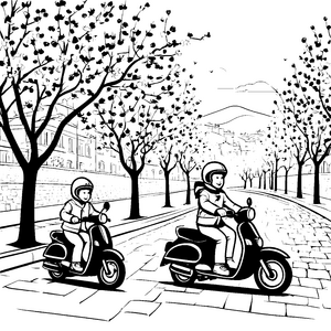 Spannende Mopeds fahren unter blühenden Kirschbäumen Ausmalmotiv für abenteuerlustige Kinder