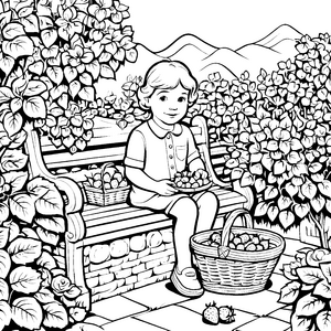 Fröhliches Kind pflückt saftige Erdbeeren im Garten Ausmalvorlage für kleine Naturentdecker