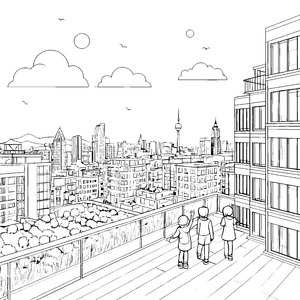 Hochhäuser und ein weites Stadtpanorama Ausmalvorlage für kleine Architekturfreunde