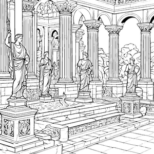 Erhabene Statuen im faszinierenden Tempel Ausmalvorlage für kreative Entdecker