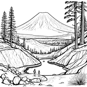 Faszinierender Vulkan mit malerischer Landschaft Ausmalvorlage für neugierige Naturforscher