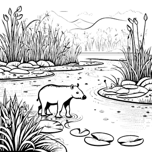 Wasserscheuer Tapor im sanften Fluss Ausmalmotiv für neugierige Naturentdecker