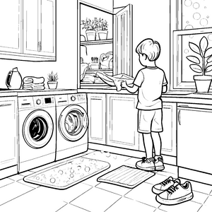 Spannende Waschmaschinenabenteuer in der freundlichen Küche Ausmalbild für kleine Haushaltshelfer