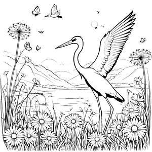 Majestätischer Storch über bunten Blumenwiesen Ausmalbild für abenteuerliche Naturentdecker