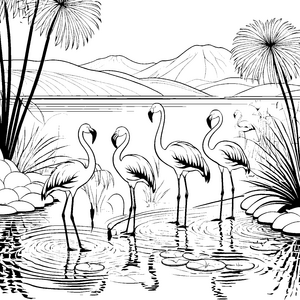Vier elegante Flamingos im glitzernden Wasser Ausmalbild für kreative Wassernixen