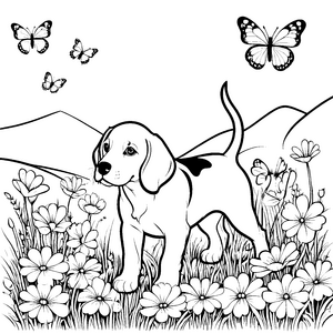 Beagle in buntem Blumenfeld mit Schmetterlingen Ausmalmotiv für junge Tierfreunde