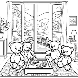 Verspielte Teddybären beim Spielen mit einer Eisenbahn Malvorlage für kleine Entdecker