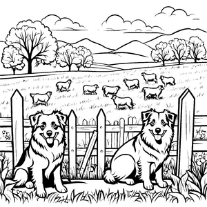 Fröhliche Australian Shepherds vor der Wiese Ausmalbild für begeisterte Tierfreunde