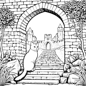 Stolze Britisch Kurzhaar Katze vor majestätischer Burg Ausmalvorlage für abenteuerlustige Tierfreunde