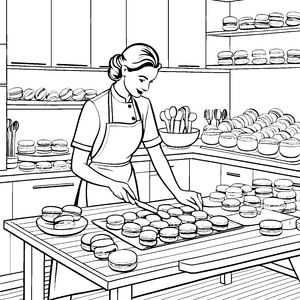 Kreative Konditorin bei der Macaron-Zubereitung Ausmalvorlage für kleine Feinschmecker