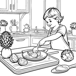 Kreative Artischocke beim Kochen mit frischen Zutaten Malvorlage für kleine Küchenchefs
