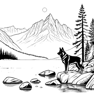 Adventurlicher Schäferhund im Gebirgssee-Motiv Ausmalbild für aktive Naturfreunde