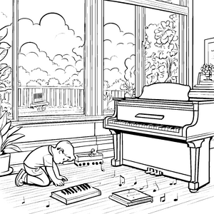 Kreativer Junge beim Musizieren mit Klavier Malvorlage für junge Klangkünstler