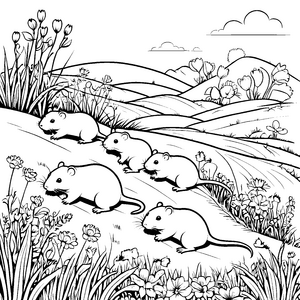 Verspielte Nacktmulle im blühenden Garten Ausmalbild für neugierige Naturfreunde