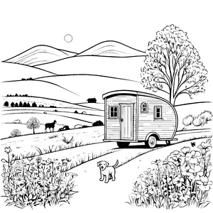 Abenteuerlicher Wohnwagen in blühender Landschaft Ausmalbild für naturbegeisterte Kinder