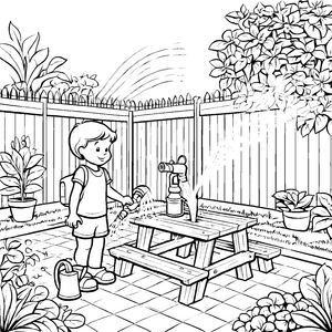 Spritzende Freude im bunten Garten Ausmalbild für kleine Wasserspaßfreunde