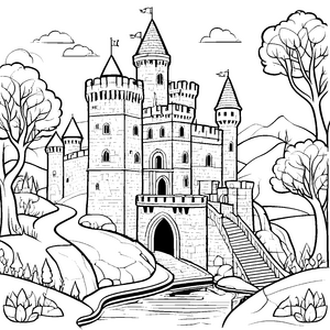 Magische Burg mit majestätischem Wassergraben Ausmalmotiv für kleine Ritter und Prinzessinnen