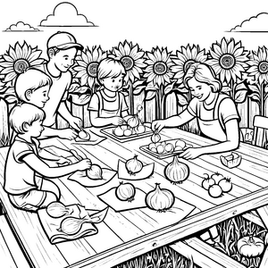 Zwiebelernte mit fröhlichen Kindern im Garten Ausmalmotiv für kleine Hobbygärtner