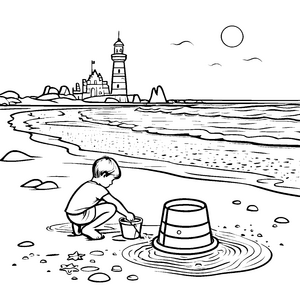 Kreatives Sandburgenbauen am Strand Ausmalbild für kleine Strandschnüffler