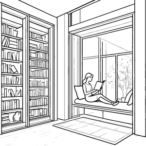 Entspannende Lesestunde in der bunten Bibliothek Ausmalvorlage für wissbegierige Bücherwürmer
