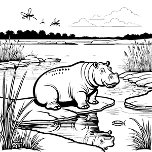 Lustiges Flusspferd am ruhigen Wasser Ausmalbild für abenteuerliche Naturfreunde