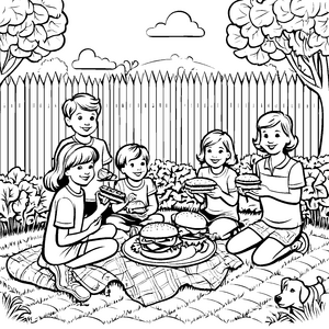 Leckere Burgerfreunde beim fröhlichen Picknick Ausmalbild für abenteuerlustige Entdecker