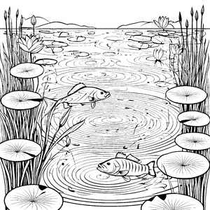 Farbenfrohe Barsche zwischen Seerosen Ausmalvorlage für neugierige Wasserfreunde