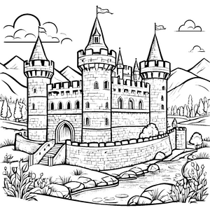 Majestätische Burg mit strahlend blauem Himmel Ausmalbild für abenteuerliche Geschichtenerzähler