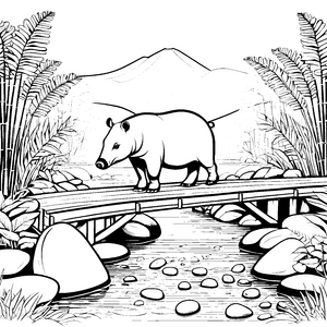 Tapir auf malerischer Brücke Ausmalvorlage für kleine Abenteuerlustige
