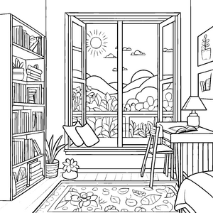 Bücherparadies mit sonnigem Ausblick Malvorlage für kreative Träumer