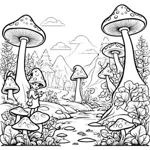 Elfenkind mit magischem Zauberstab im Pilzwald Ausmalbild für abenteuerlustige Märchenfreunde