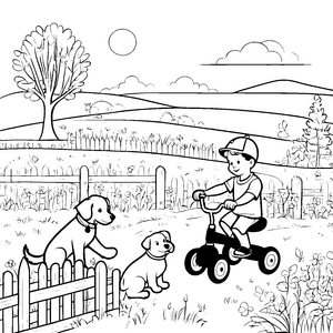 Abenteuerliches Dreiradfahren mit fröhlichen Hunden Ausmalvorlage für kleine Entdecker