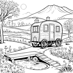 Schöner Wohnwagen am glitzernden Teich Ausmalbild für träumende Abenteurer