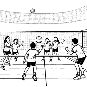 Lebhafte Volleyballmannschaft in Aktion Ausmalbild für sportliche Entdecker