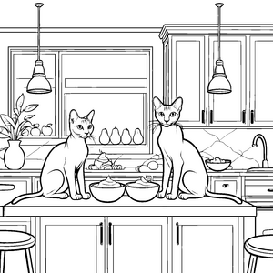 Sphynx Katzen auf der Kücheninsel mit Leckereien Malvorlage für kreative Küchenfreunde